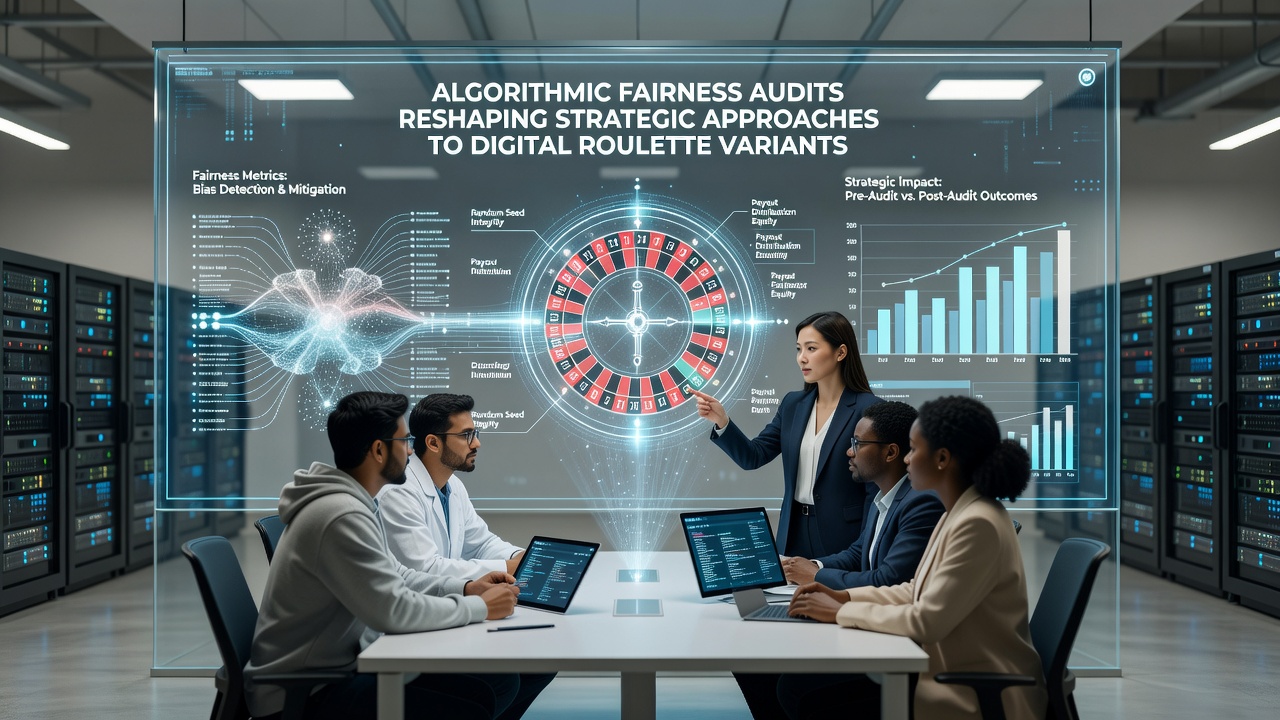 Auditors reviewing roulette algorithm logs and fairness certification reports on multiple screens