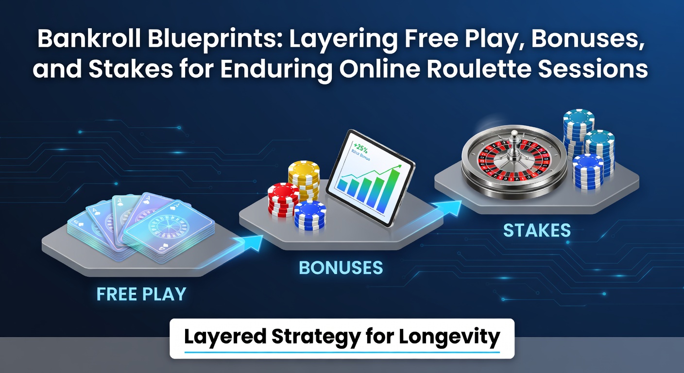 Digital graphic showing layered bankroll elements like free play chips, bonus credits, and stake pyramids building toward extended roulette sessions