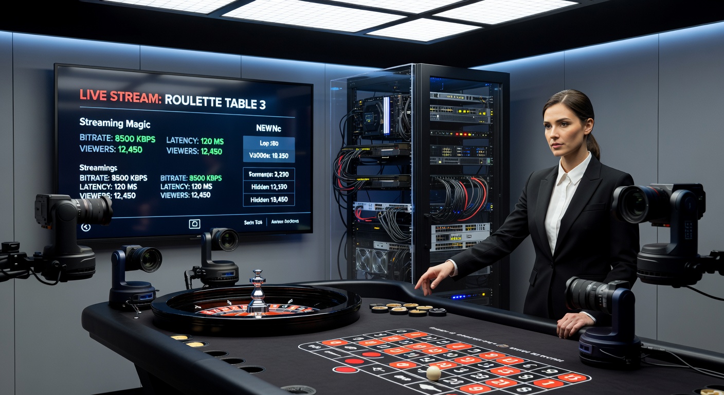 Dynamic view of a streaming control room with monitors displaying live roulette feeds, overlaid graphics, and real-time data streams