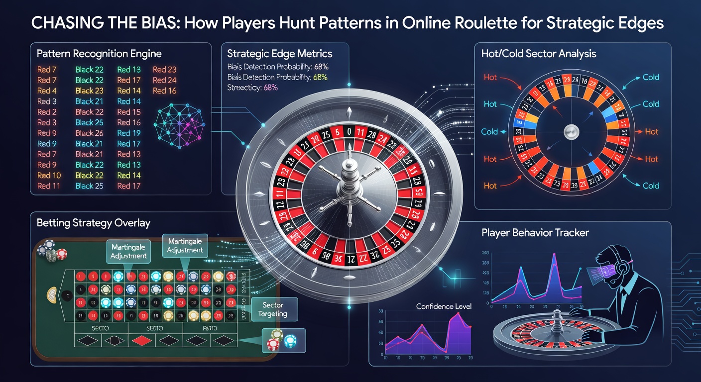 Close-up of a digital dashboard showing roulette spin history charts, statistical graphs of number frequencies, and bias detection alerts during an online session
