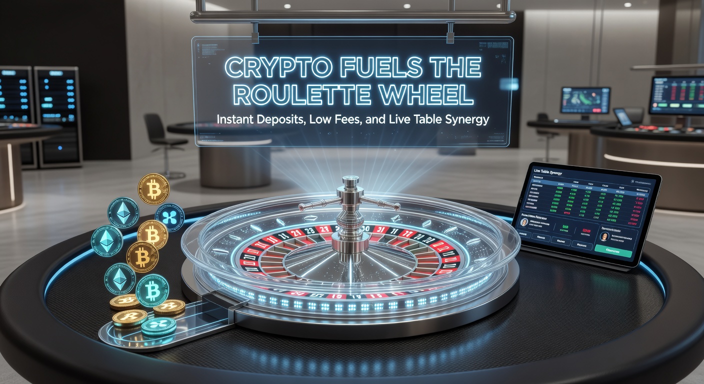 Vibrant roulette wheel spinning with glowing cryptocurrency icons overlayed, symbolizing fast digital transactions in online gaming