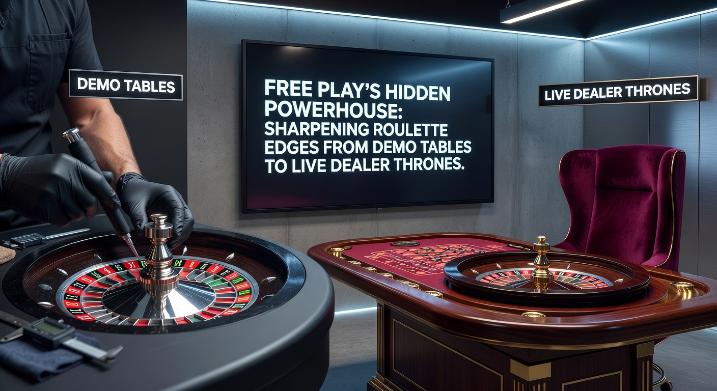 A vibrant roulette wheel in demo mode transitioning to a live dealer table, highlighting practice spins leading to real action