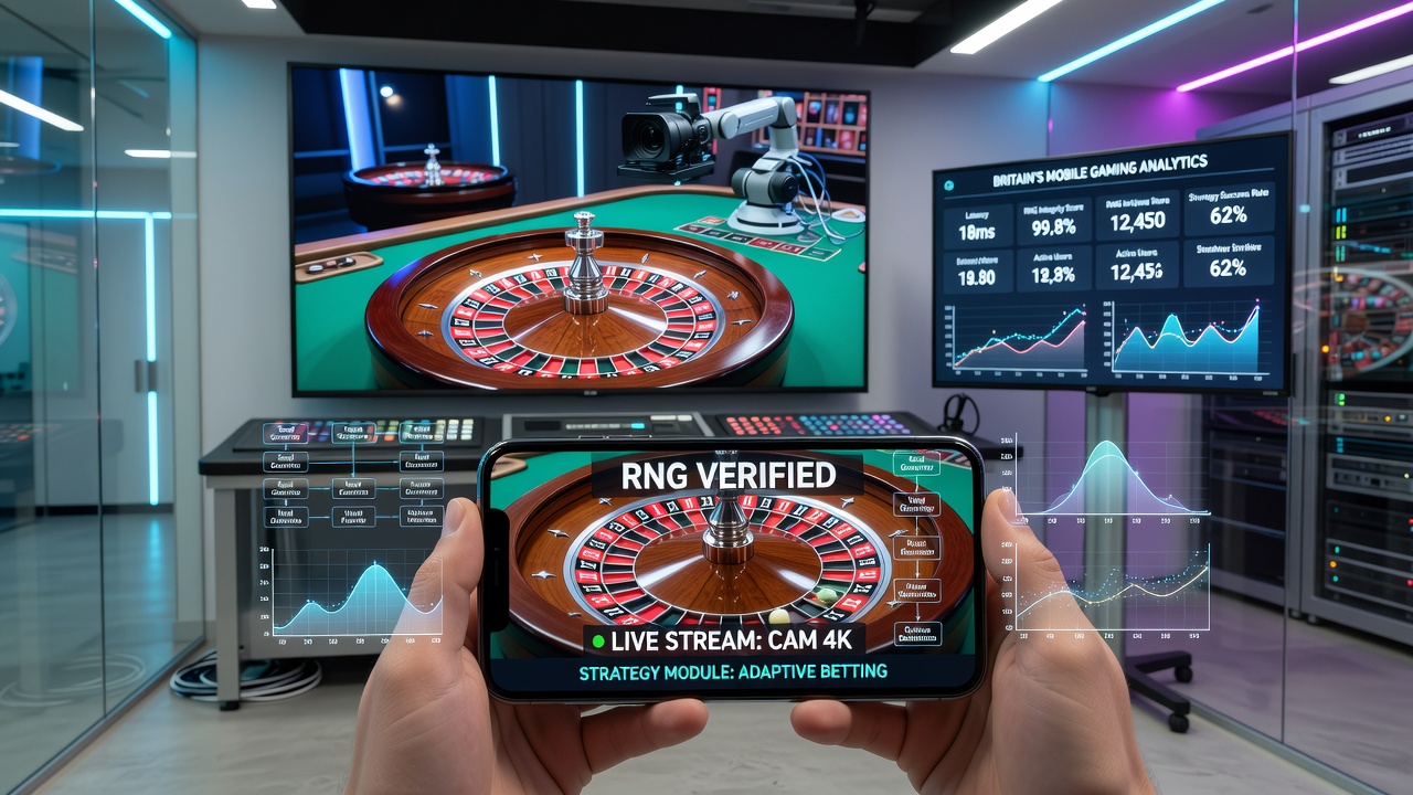 Close-up of live roulette wheel captured through studio cameras with overlaid mobile interface controls