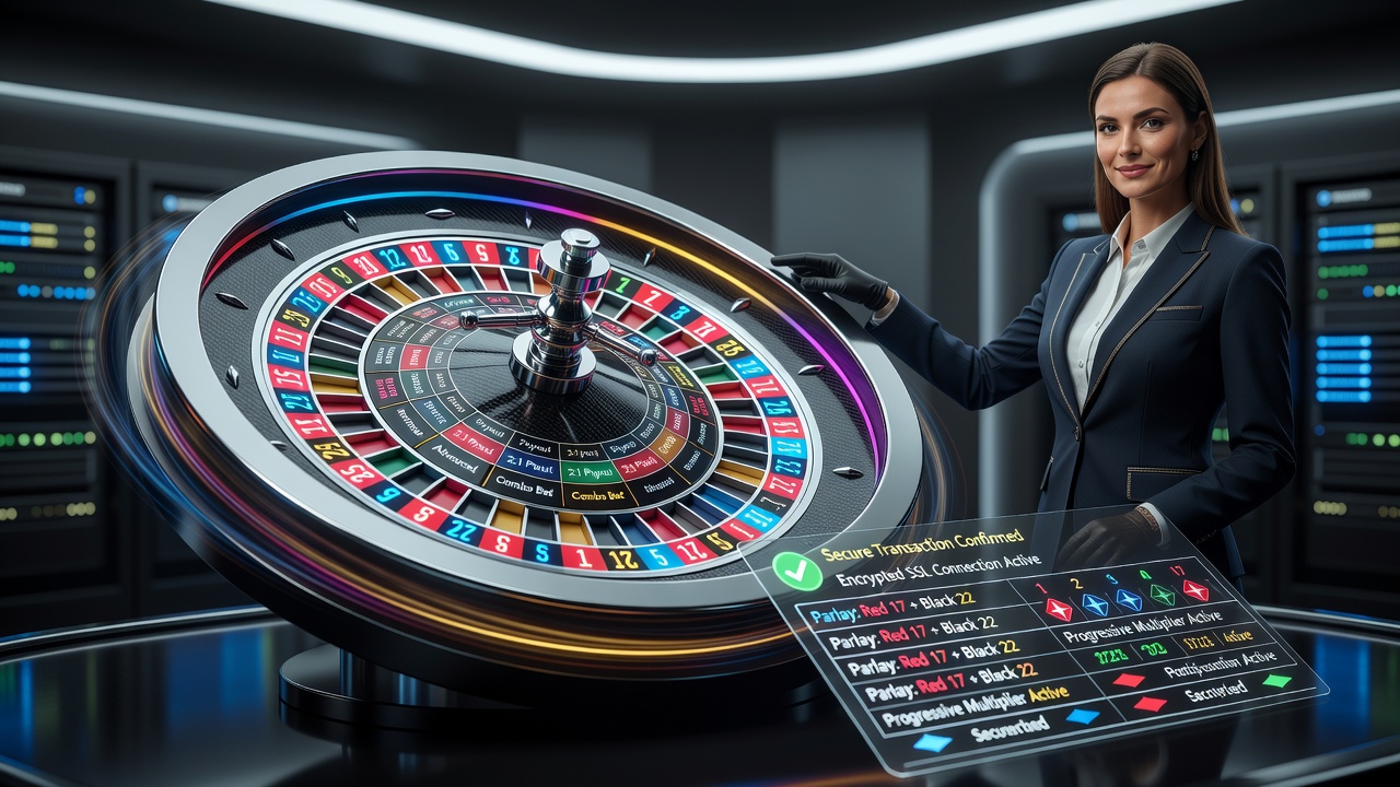 Live dealer wheel game interface showing secure transaction indicators and complex betting options on a digital roulette table