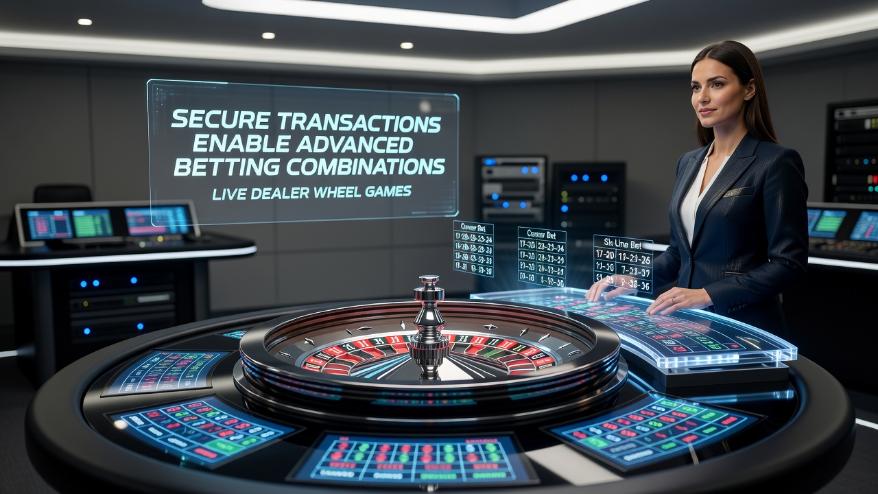 Close-up of live dealer roulette wheel with overlaid betting grid highlighting secure payment flow indicators
