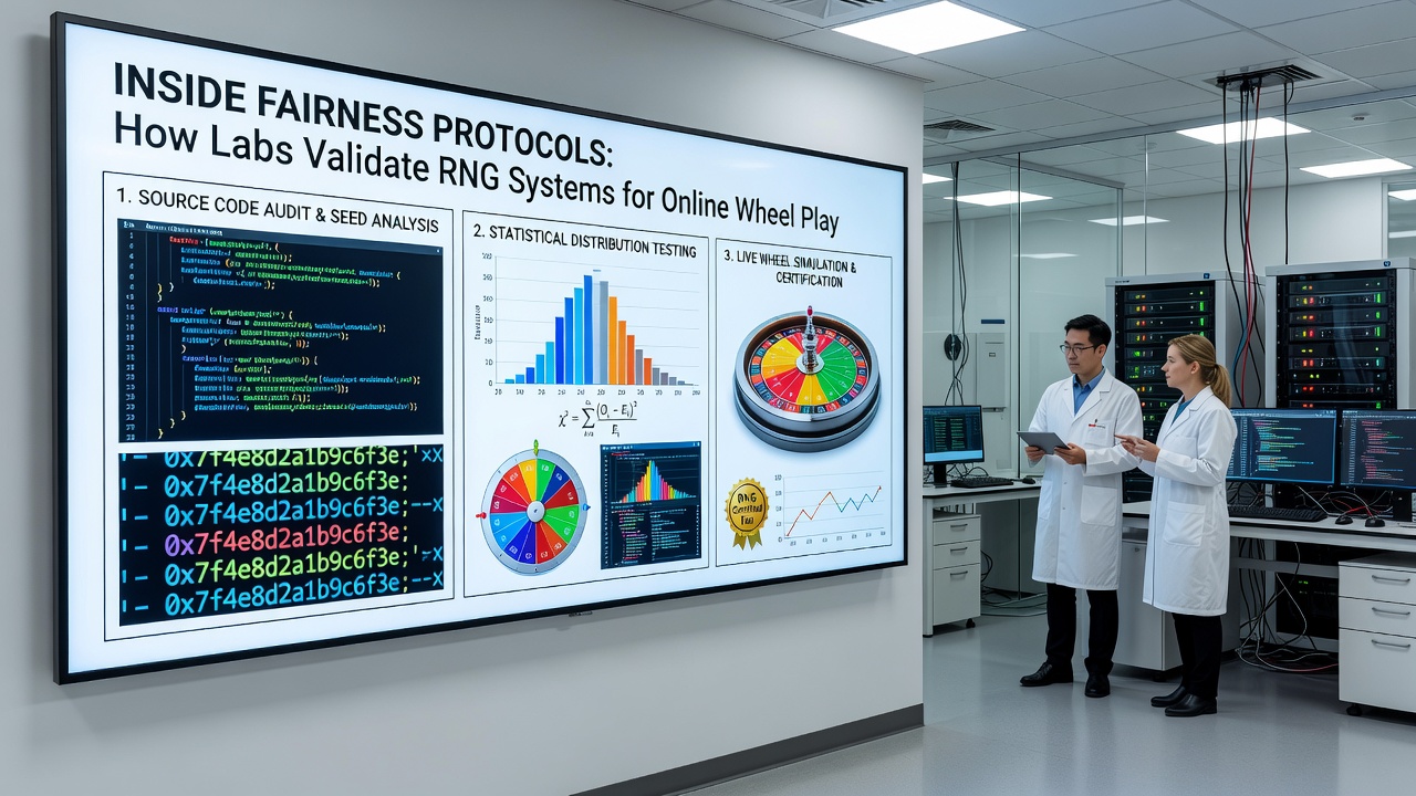 Detailed view of RNG algorithm flowchart displayed on multiple monitors during fairness certification process
