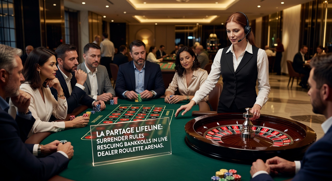 Close-up of a live dealer roulette wheel with La Partage rule indicator on the electronic display board