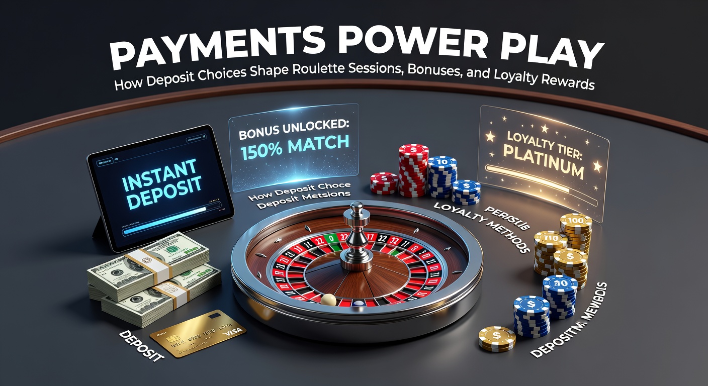 Illustration of various digital payment icons surrounding a roulette wheel, highlighting deposit options in online gaming