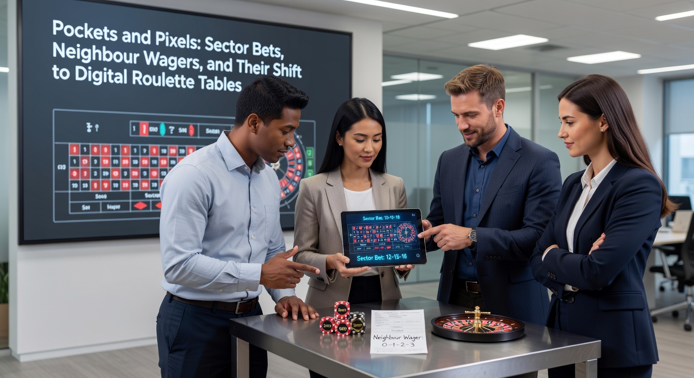 Digital roulette interface displaying neighbour bet selections and sector highlights on a tablet screen