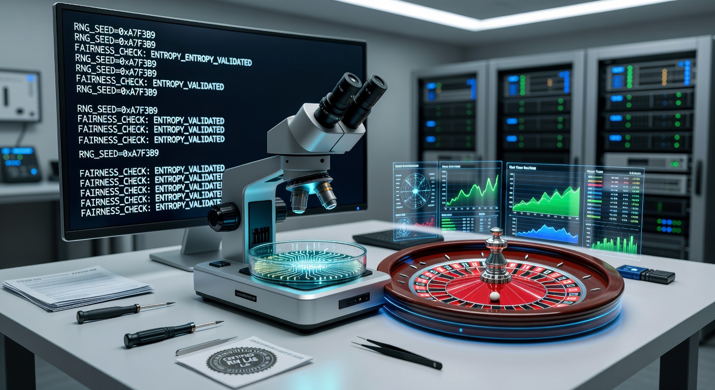 Digital visualization of RNG algorithms undergoing rigorous certification testing in online roulette environments