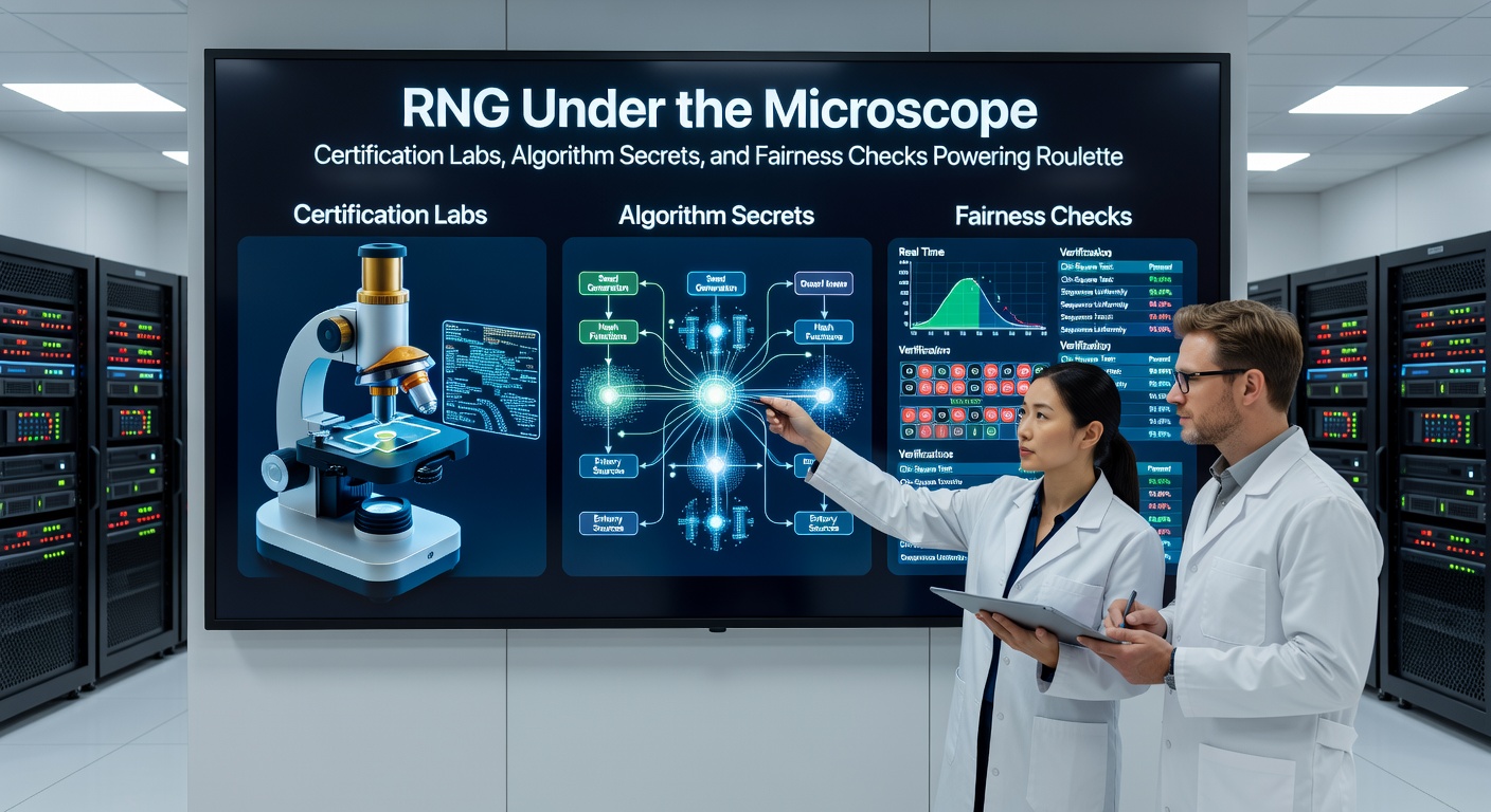 Close-up of laboratory equipment analyzing RNG data streams for roulette fairness compliance