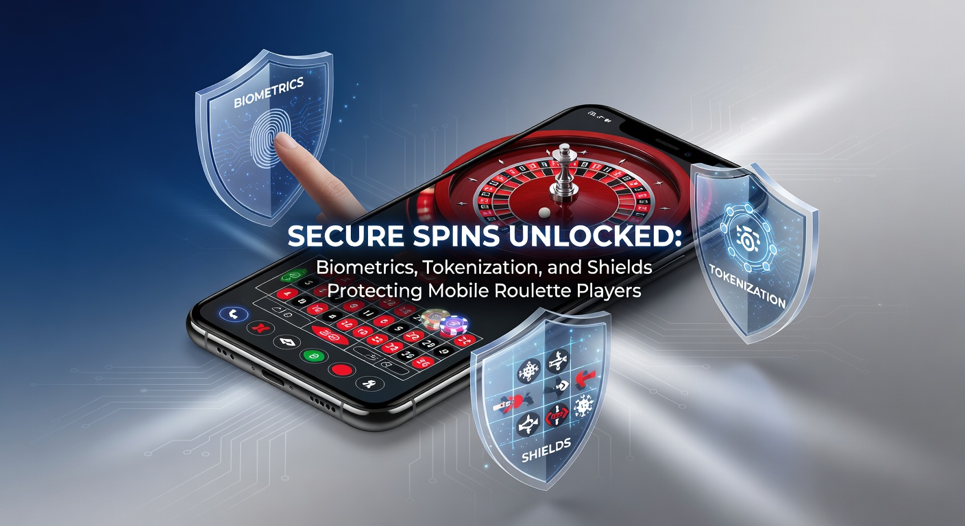 Illustration of layered security shields encompassing a mobile roulette table, with icons for encryption locks, biometric scans, and tokenized data flows