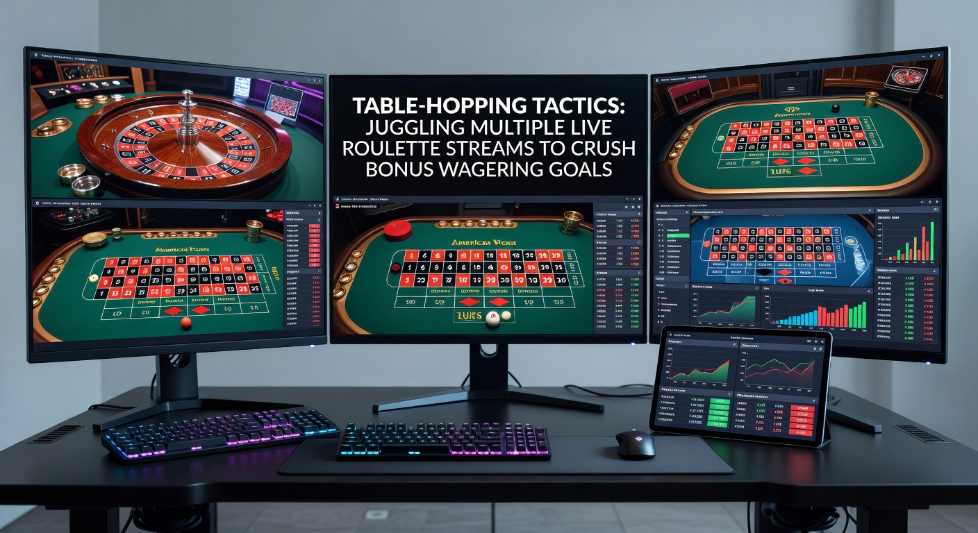 Close-up of a dashboard juggling bets on multiple live roulette tables, displaying wagering progress trackers and real-time spin outcomes