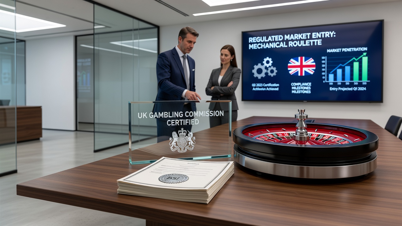 Certified mechanical roulette installation at a British gaming venue with regulatory compliance markings
