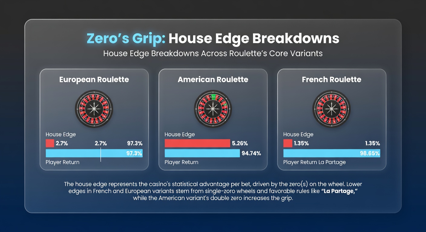 Close-up of a roulette wheel showing the zero pocket, highlighting its role in house advantage across variants